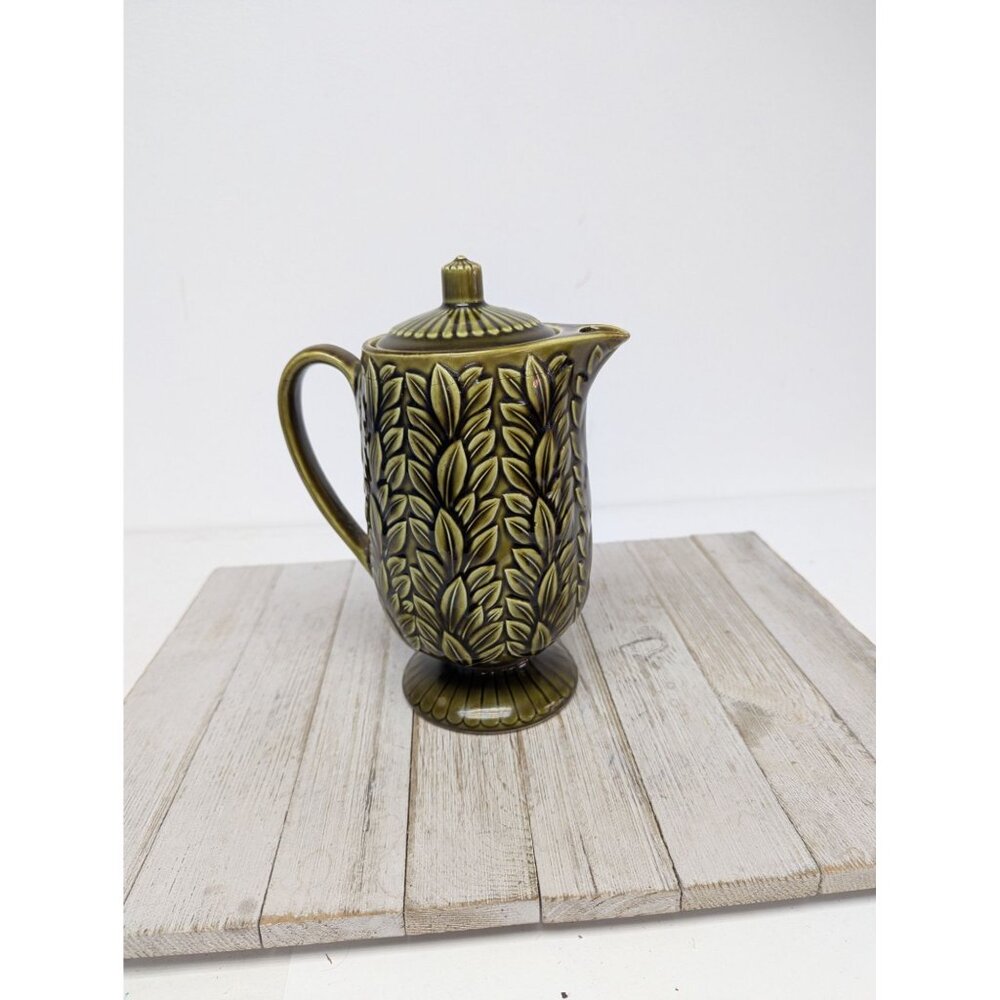 Vintage Napcoware Coffee Teapot Japan Olive Moss Green Leaves C-7920